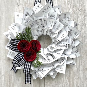 Christmas Wreath, Black & White Gingham Ribbon, Nostalgic Wreath, Farmhouse Christmas, Music Wreath, Winter Wreath, Red Paper Flowers, 10 image 4