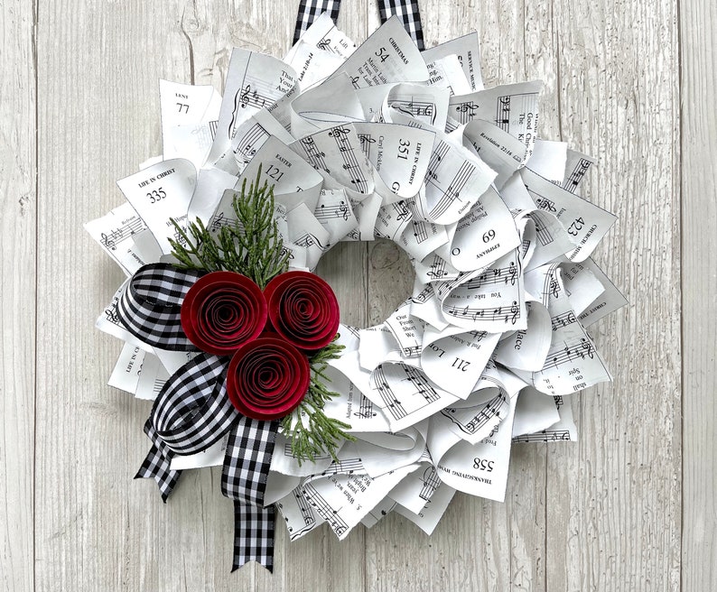 Christmas Wreath, Black & White Gingham Ribbon, Nostalgic Wreath, Farmhouse Christmas, Music Wreath, Winter Wreath, Red Paper Flowers, 10 image 4