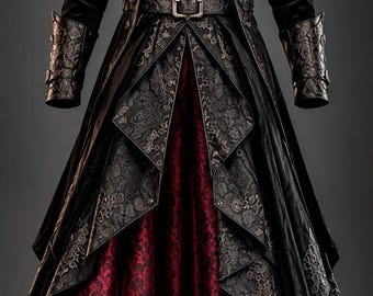 May include: A long black coat featuring structured shoulders, ornate silver-toned metal clasps, and a high collar with a central red gemstone brooch. The garment includes a waist belt and layered panels of black and deep red patterned fabric.