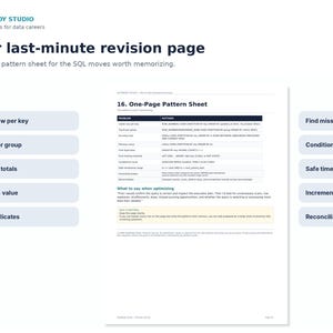 May include: A white one-page SQL pattern sheet titled Your last-minute revision page by DataReady Studio. The document features a table listing SQL problems and patterns, surrounded by ten light blue rectangular buttons with text labels.