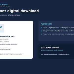 May include: A dark blue digital product information graphic from DataReady Studio. It features white text stating Instant digital download, 1 downloadable PDF, 17 pages, 19 pages, and a Please Note section regarding digital files and personal use.