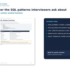 May include: A white document page titled 05. Window Functions with SQL code examples and a table of functions, next to a dark blue rectangular box listing topics including ROW_NUMBER, RANK, DENSE_RANK, LAG, LEAD, and Spark considerations.