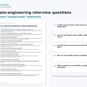 May include: A white document titled 12 data-engineering interview questions with concise strong answer frameworks. It lists twelve numbered technical questions and answers, alongside a sidebar highlighting five specific prompts for practice.