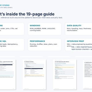 May include: A 19-page digital guide titled DATAREADY STUDIO, featuring sections on SQL Core, Windows, Data Quality, Pipeline SQL, Performance, and Interview Prep. The document includes technical content, code snippets, and a rapid revision checklist.