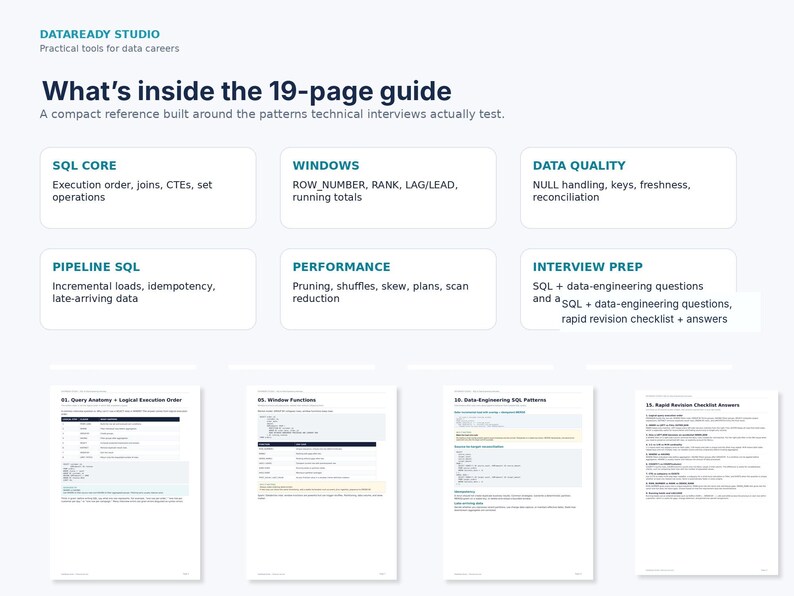 May include: A 19-page digital guide titled DATAREADY STUDIO, featuring sections on SQL Core, Windows, Data Quality, Pipeline SQL, Performance, and Interview Prep. The document includes technical content, code snippets, and a rapid revision checklist.
