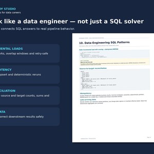 May include: A dark blue educational guide titled Think like a data engineer &mdash; not just a SQL solver. It features four sections: Incremental Loads, Idempotency, Reconciliation, and Late Data, alongside a page showing Data-Engineering SQL Patterns.
