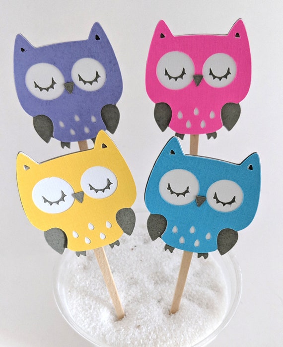 Owl Birthday Toppers Owl Cake Decorations 12 Owl Cupcake Etsy