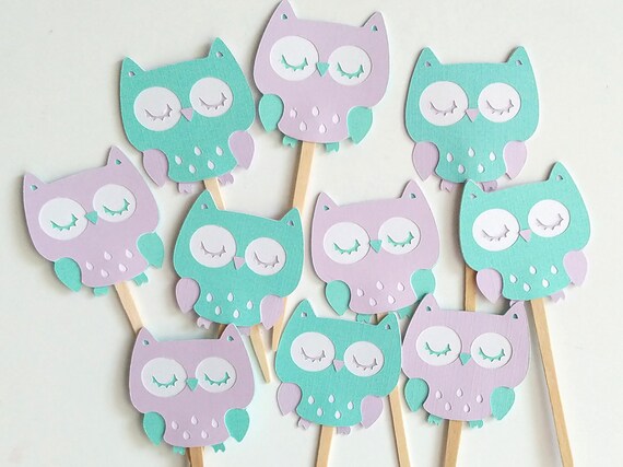 12 Teal Lavender Owl Cake Toppers Owl Baby Shower Owl Etsy