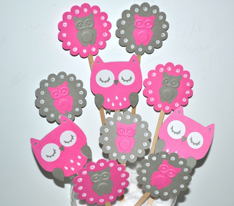 Owl Baby Shower 12 Bright Pink Owl Cake Toppers Girl Owl Etsy
