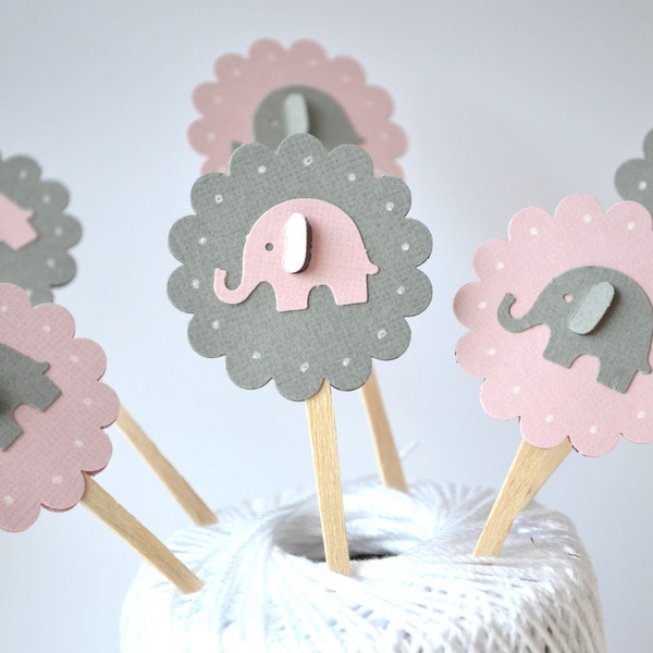 Pink and Grey Elephant Cupcake Toppers Qty 12--Baby Shower--Birthday Party