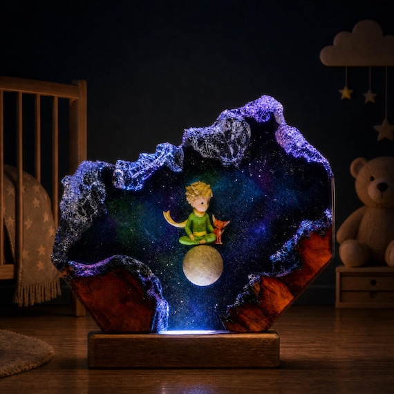 Fairytale Resin Wood Lamp, Fox & Blonde Boy Moon Table Lamp, Cosmic Starry Night Light, Epoxy Resin Art, Bookish Gift