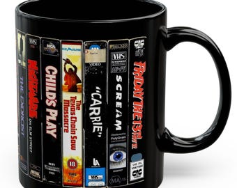 80s Horror Black Mug, Retro Horror Movie Coffee Cup, Vintage Film Buff Gift, Spooky Coffee Mug for Horror Lovers, Old School Killer Cup