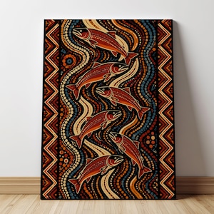 May include: A rectangular wall art print featuring six orange and red fish swimming upward through a central vertical channel of swirling, dotted patterns in shades of blue, orange, and black, framed by two side borders of geometric zigzag lines.