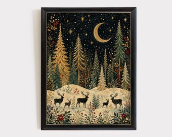 May include: A framed wall art print featuring a dark night sky with a golden crescent moon and stars above a snowy forest landscape. The scene includes several deer silhouettes standing among pine trees and colorful floral foliage in the foreground.