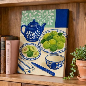 Green Plum Still Life Blue Tableware Poster & Canvas FYOLX
