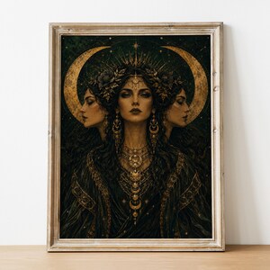May include: A framed wall art print featuring a central figure with three faces, adorned in dark robes and intricate gold jewelry. The composition includes a prominent golden crescent moon and star motifs set against a deep green background.