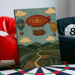 May include: A rectangular canvas print featuring a central red airship and two smaller hot air balloons floating in a light blue sky with cream clouds above a green landscape of rolling hills, trees, and a winding path through the countryside.