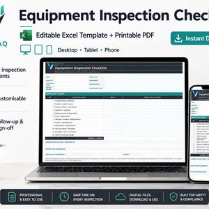May include: An Equipment Inspection Checklist template displayed on a laptop and smartphone screen. The document includes fields for date, asset ID, location, and a table with 12 numbered inspection points, corrective action, and follow-up sections.