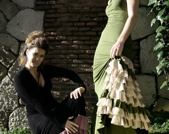 Robe Flamenco 01 - Vert avec volants élastiques latéraux en tull