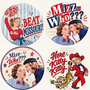 May include: Four circular pinback buttons featuring vintage-style illustrations. One shows a cheerleader with the text BEAT MISSOURI! Ole Miss. Two show women with the text Mizz Who???. One shows a man in a red suit with a tiger and Here Kitty Kitty.
