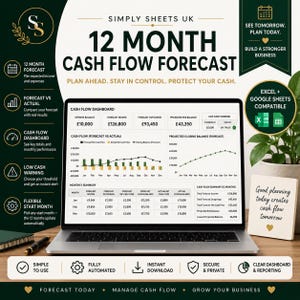 May include: A digital 12-month cash flow forecast spreadsheet displayed on a laptop screen. The dashboard features charts, monthly summaries, and financial data tables with currency in pounds. Text includes Simply Sheets UK and business planning slogans.