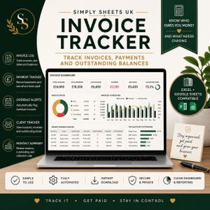 May include: A laptop displaying an invoice tracker dashboard with charts, tables, and financial data. The screen shows totals for invoices, payments, and outstanding balances. Text includes Simply Sheets UK Invoice Tracker and business features.