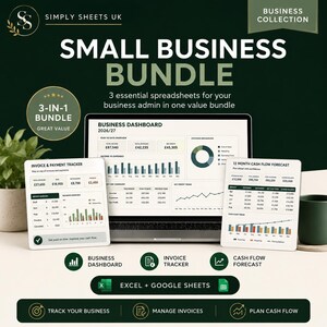 Könnte beinhalten: Ein digitales Kleinunternehmer-Paket mit einem Laptop, der ein Business-Dashboard anzeigt, sowie zwei ausgedruckten Blättern mit einer Rechnungs- und Zahlungsübersicht und einer 12-monatigen Cashflow-Prognose in dunkelgrünem Design.