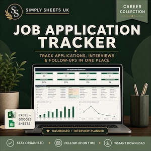 May include: A laptop screen displaying a Job Application Tracker dashboard with data tables, bar charts, and line graphs. The interface includes text labels for applications, interviews, and offers. A small label indicates Excel and Google Sheets compatibility.
