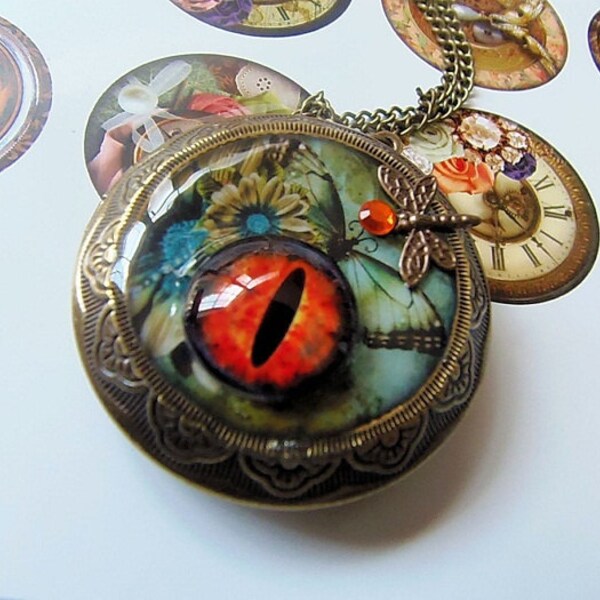 Steampunk Locket, Dragon Eye locket, Steampunk gears, locket, fairy dragon fly locket.
