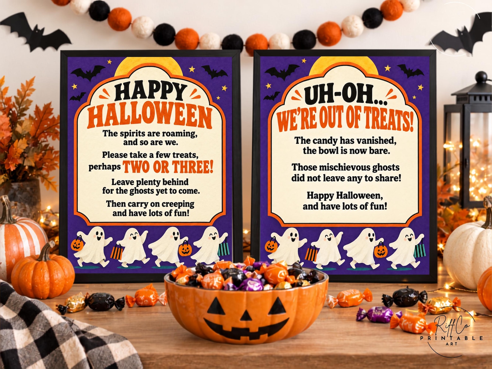 A Matching Welcome-and-Empty Pair Two coordinating Halloween signs for taking treats and announcing that treats have run out.