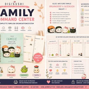 Könnte beinhalten: Ein digitales Familien-Command-Center-Planer-System mit 65 Seiten als PDF. Das Cover zeigt niedliche Sushi-Figuren und den Text Digisushi Family Command Center. Enthält Vorlagen für Essensplanung, Haushaltsorganisation, Finanzen und Kinderroutinen.