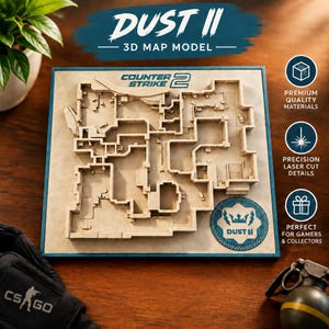 May include: A square 3D map model of the Dust II level from Counter-Strike 2, featuring a beige laser-cut layout on a light background with a blue frame. The map includes the text Counter-Strike 2 and a circular blue emblem with the text Dust II.