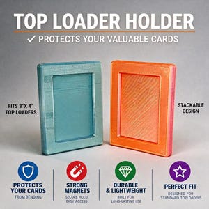 May include: Two rectangular top loader holders, one teal and one orange, designed for 7.6 cm by 10.2 cm top loaders. The holders feature a stackable design, strong magnets, and a durable, lightweight construction to protect cards from bending.