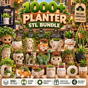 Könnte beinhalten: Eine digitale Sammlung von über 1000 STL-Dateien für Pflanzgefäße zum 3D-Drucken, mit verschiedenen Designs wie einer Baumfigur, einem Totenkopf, einer Burg, einem Dinosaurier, einer Eule, einer Katze, einem Elefanten, einem Fuchs und geometrischen Formen.