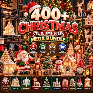 Op de afbeelding: Een digitale afbeelding voor een mega-bundel met meer dan 400 kerst-STL- en 3MF-bestanden. De tekst luidt 400+ CHRISTMAS STL & 3MF FILES MEGA BUNDLE. Iconen geven directe download, 3D-printklaar, levenslange toegang en georganiseerde bestanden aan.
