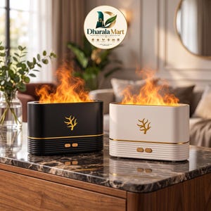 May include: Two rectangular aroma diffusers, one black and one white, each featuring a gold coral-like emblem on the front, a gold horizontal stripe, and a simulated orange flame effect rising from the top, with two small control buttons.