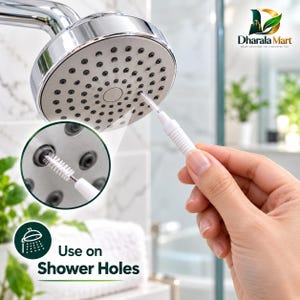 May include: A chrome shower head with a circular face featuring multiple black rubber nozzles. A small white cleaning brush with a textured handle is inserted into one of the nozzles. The text "Use on Shower Holes" is visible in the image.