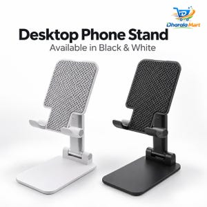 May include: Two adjustable desktop phone stands, one white and one black, featuring a textured grid pattern on the backrest, a flat rectangular base, and two protruding hooks to hold a mobile device in an upright position.