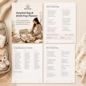 May include: A Hospital Bag & Birth Prep Planner document set featuring a cover page with a pregnant person packing a suitcase, a Baby's Hospital Bag checklist, a Hospital Bag Master Checklist, and a Mom's Hospital Bag checklist with checkboxes.
