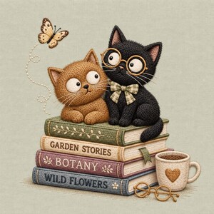 May include: An embroidered illustration of a brown cat and a black cat wearing glasses and a plaid bow tie sitting on a stack of books titled Garden Stories, Botany, and Wild Flowers. A butterfly, a coffee mug with a heart, and glasses are included.