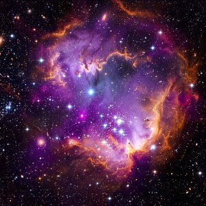 Può includere: Una vibrante nebulosa dello spazio profondo caratterizzata da nubi vorticose di gas viola e arancione, illuminate da un denso ammasso di stelle bianche luminose. La formazione cosmica mostra filamenti complessi su sfondo nero.