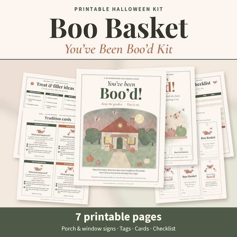 Boo Basket Kit Printable | You've Been Booed Porch and Window Sign, Boo'd Tags, Tradition Cards & Neighbor Checklist | Booed Basket PDF image 1