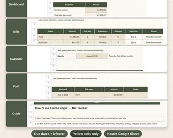Linen Ledger Bill Tracker for Google Sheets | Monthly Bills & Due Dates