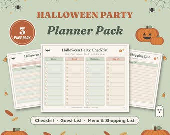 Halloween Party Planner Printable | Party Checklist, Guest List & Menu | 3 Page PDF