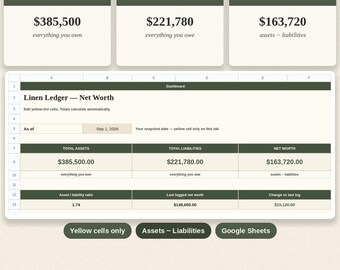 Linen Ledger Net Worth Tracker for Google Sheets | Assets & Liabilities