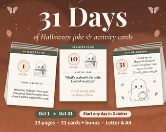 Halloween Advent Calendar Printable, Halloween Countdown Calendar for Kids, 31 Days of Halloween Jokes & Activity Cards, Coloring Pages