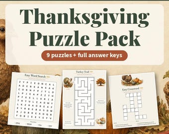 Thanksgiving Puzzle Pack for Kids | Printable Word Search, Mazes & Crossword PDF | Answer Keys + Ink Saver Version
