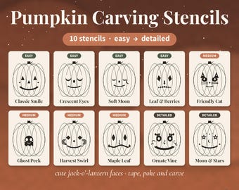 Pumpkin Carving Stencils Printable, 10 Cute Jack-o-Lantern Faces, Easy Kids to Detailed, Halloween Pumpkin Stencil PDF Instant Download
