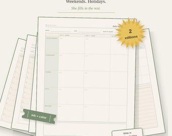 Mom Planner Printable Undated | Daily Schedule Meal Plan Weekend Holiday | Ink + Color US Letter