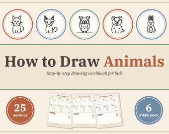 How to Draw Animals for Kids, 25 Step-by-Step Drawing Pages, Printable Kids Drawing Workbook, Homeschool Art Activity, US Letter PDF